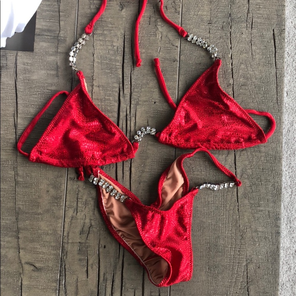 Metallic Red Crystal Encrusted Bikini S